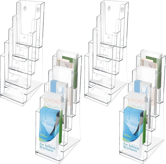4 Pack Acrylic Brochure Holder 5 Tier Clear Brochure Display Flyer Holder 4.2"x11.3" inch Rack Brochure Holder Suitable for 4"x9" Brochures,Magazine Holder,Flyer Holder(4)