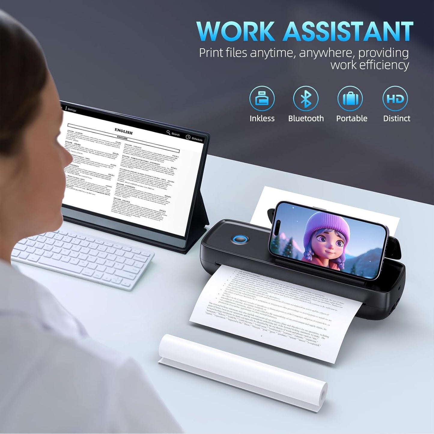 Portable Thermal Printer, Wireless & Bluetooth Mini Inkless Printer for Travel, Office, Home, Supports 8.5x11inch, Compatible with iPhone, Android, Laptop(Black)