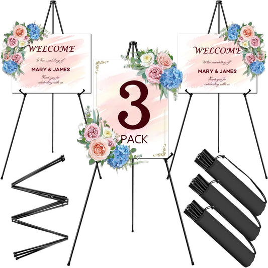 AROIC 63" Easel Stand for Display, 3 Pack Portable Foldable Metal Easel, Easels for Signs Wedding Logos,Arts, Painting,Adjustable Floor Easels with 3 Storage Bag