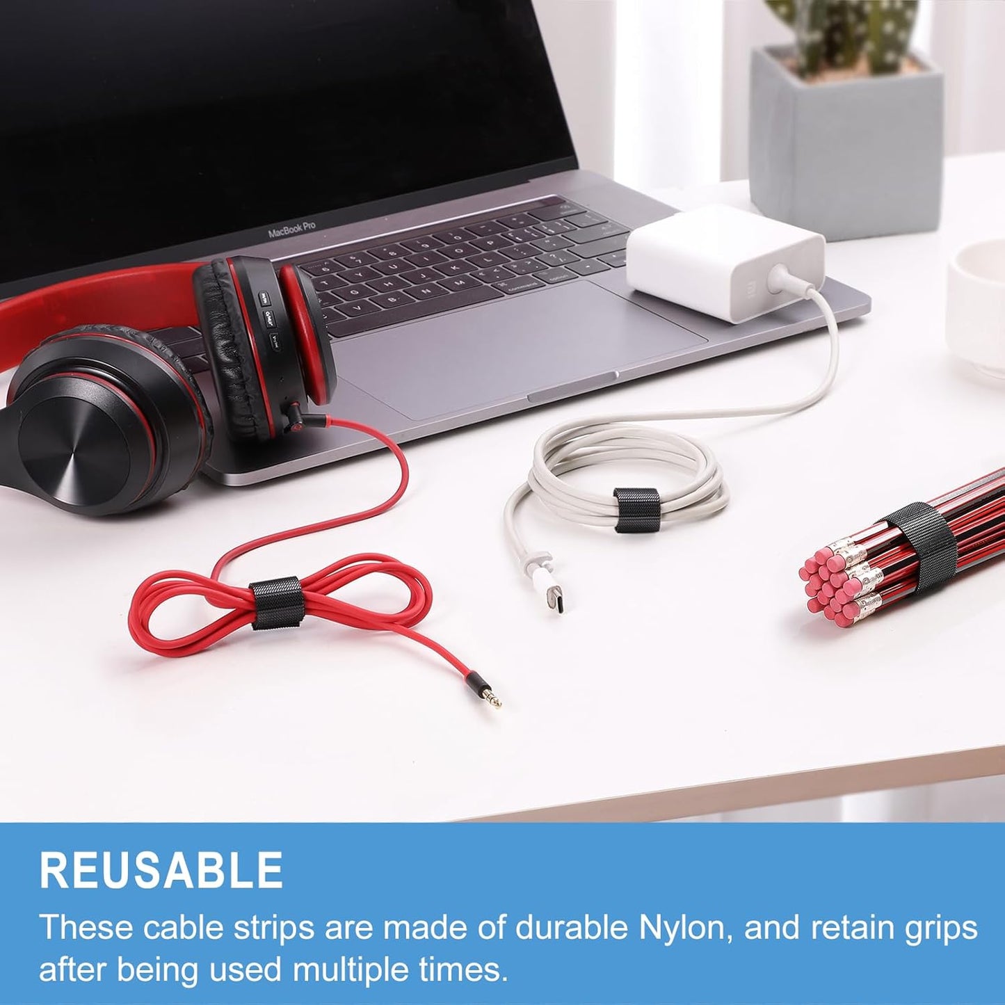 100 PCS 8 Inches Reusable Cable Ties | Adjustable Cord Wraps, Cable Straps | Hook & Loop Cord Organizer, Cable Management