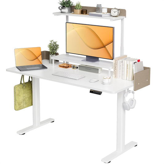 Claiks Adjustable Height Standing Desk, 55 x 24 Inches Electric Stand Up with Monitor Shelves Computer Desk Workstation for Home Office, White