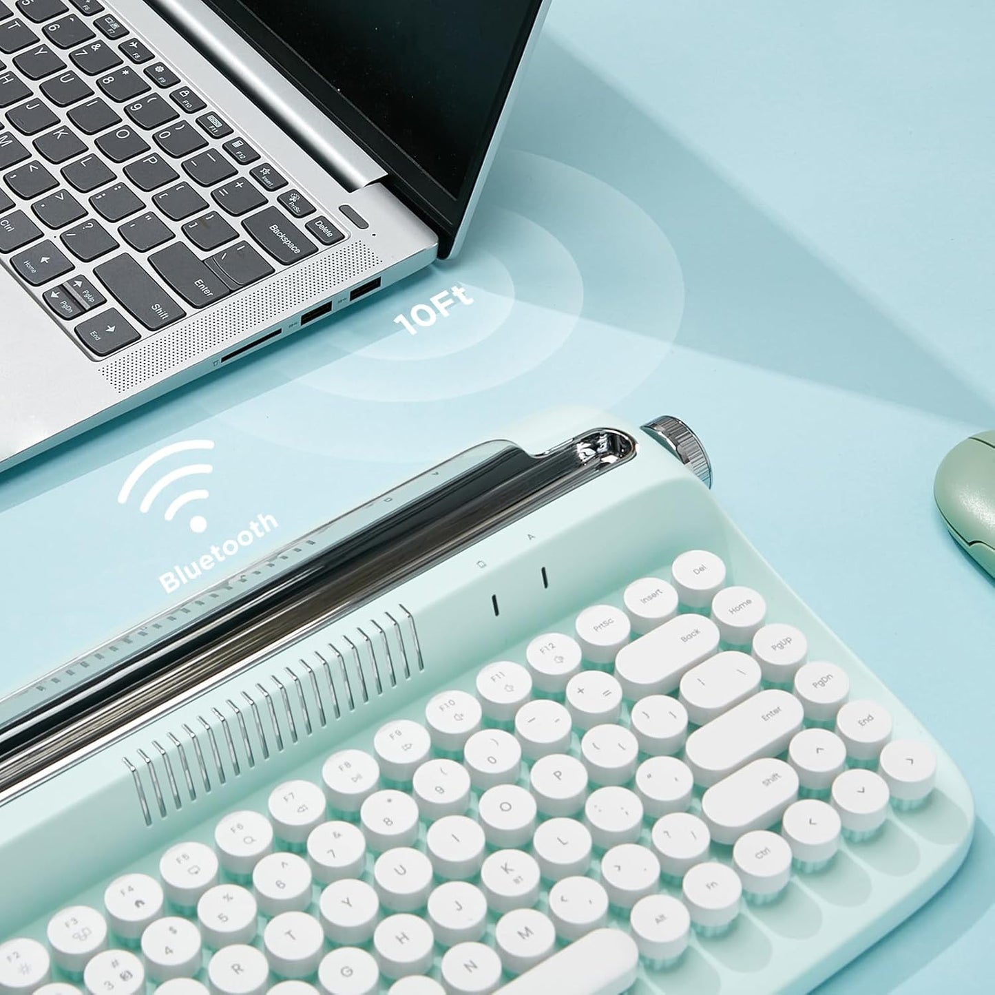 YUNZII ACTTO B303 Wireless Typewriter Keyboard, Bluetooth Connection, Cute Retro Aesthetic Design with Integrated Stand for Tablet, Phone, PC and Win/Mac/Android (B303, Sweet Mint)