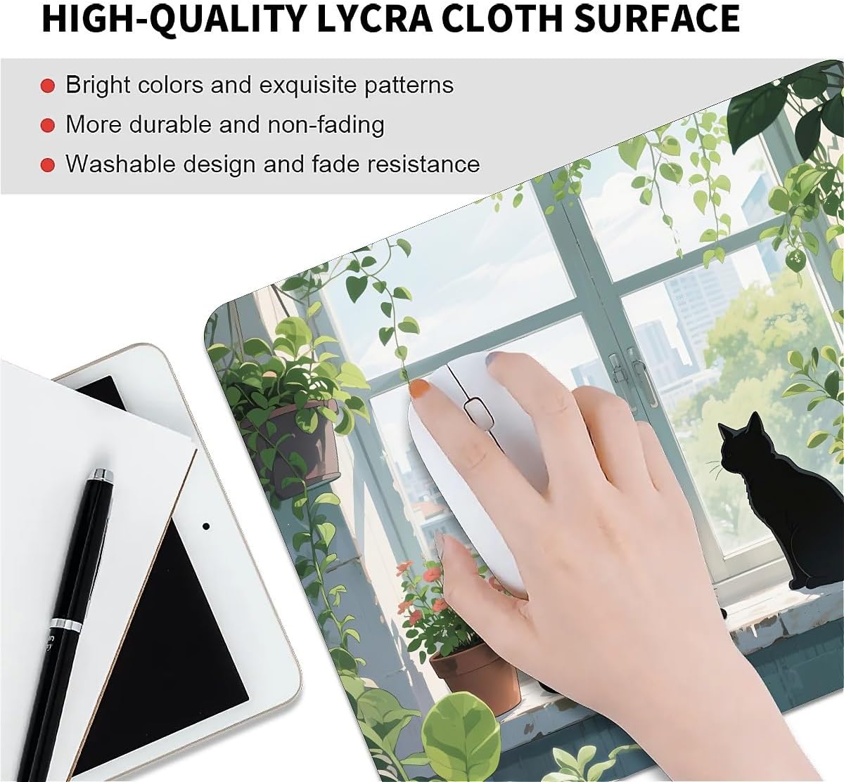 Square Mouse Pad Black Cat, Personalized Premium-Textured Custom Mouse Mat Design, Washable Mousepad Cloth, Non-Slip Rubber Base Computer Mouse Pads for Wireless Mouse