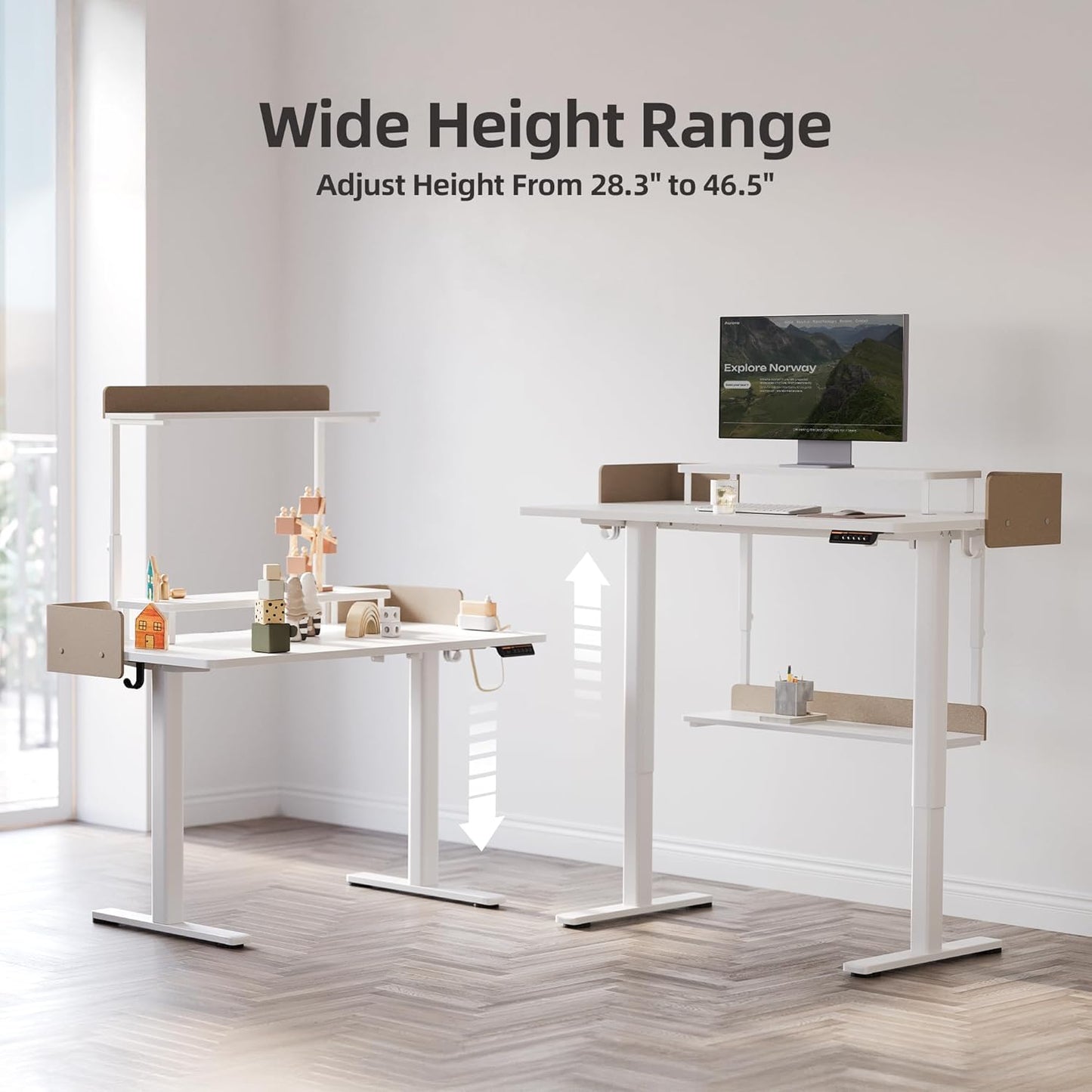 Claiks Adjustable Height Standing Desk, 55 x 24 Inches Electric Stand Up with Monitor Shelves Computer Desk Workstation for Home Office, White