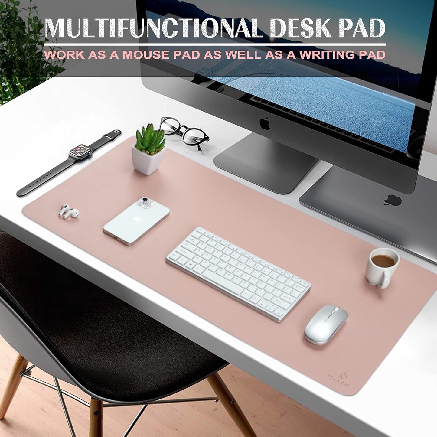 K KNODEL Large Office Leather Desk Mat, Mouse and Keyboard Pad, Computer and Laptop Mat, Desktop Protector and Cover, Writing Pad and Blotter (35.4"x17", Pink)
