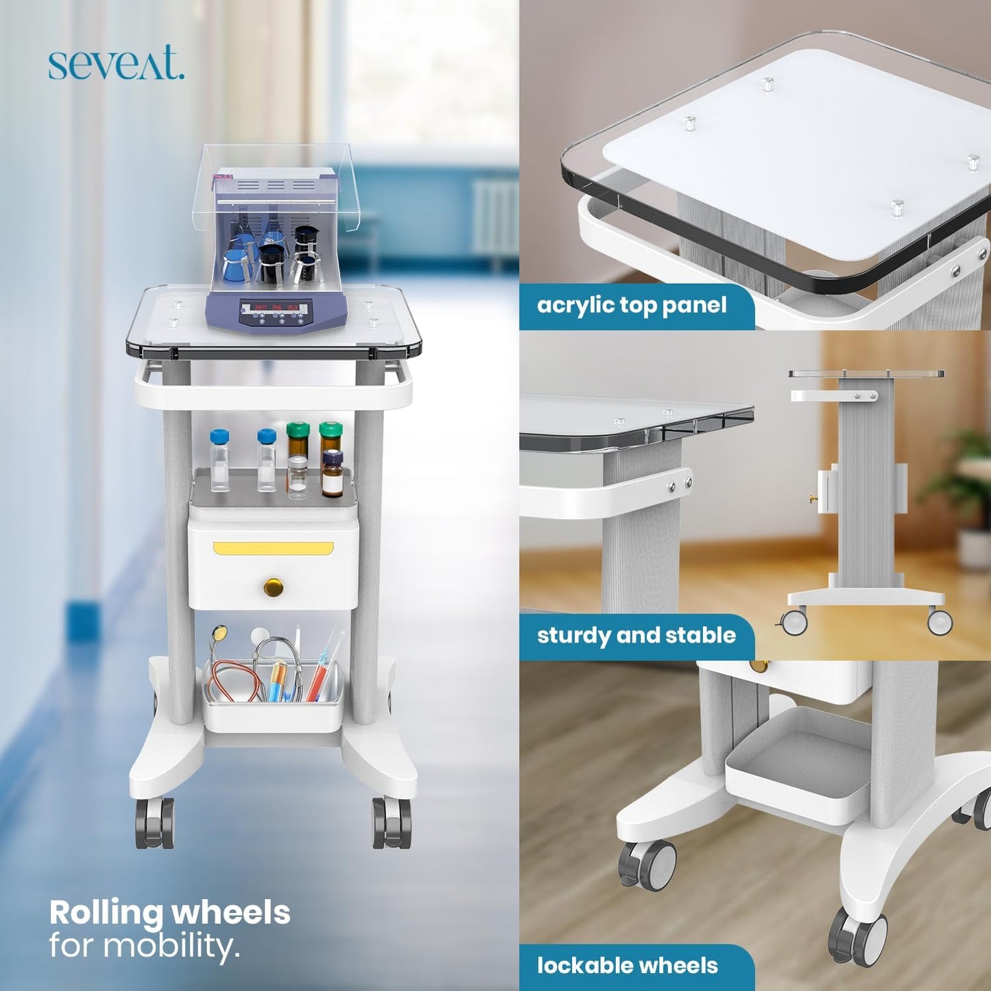 Professional Medical Cart with Drawers, 3 Tier, 198 lbs Capacity, Portable Rolling Trolley for Home, Spa, Hospital, Office, Clinic (White)
