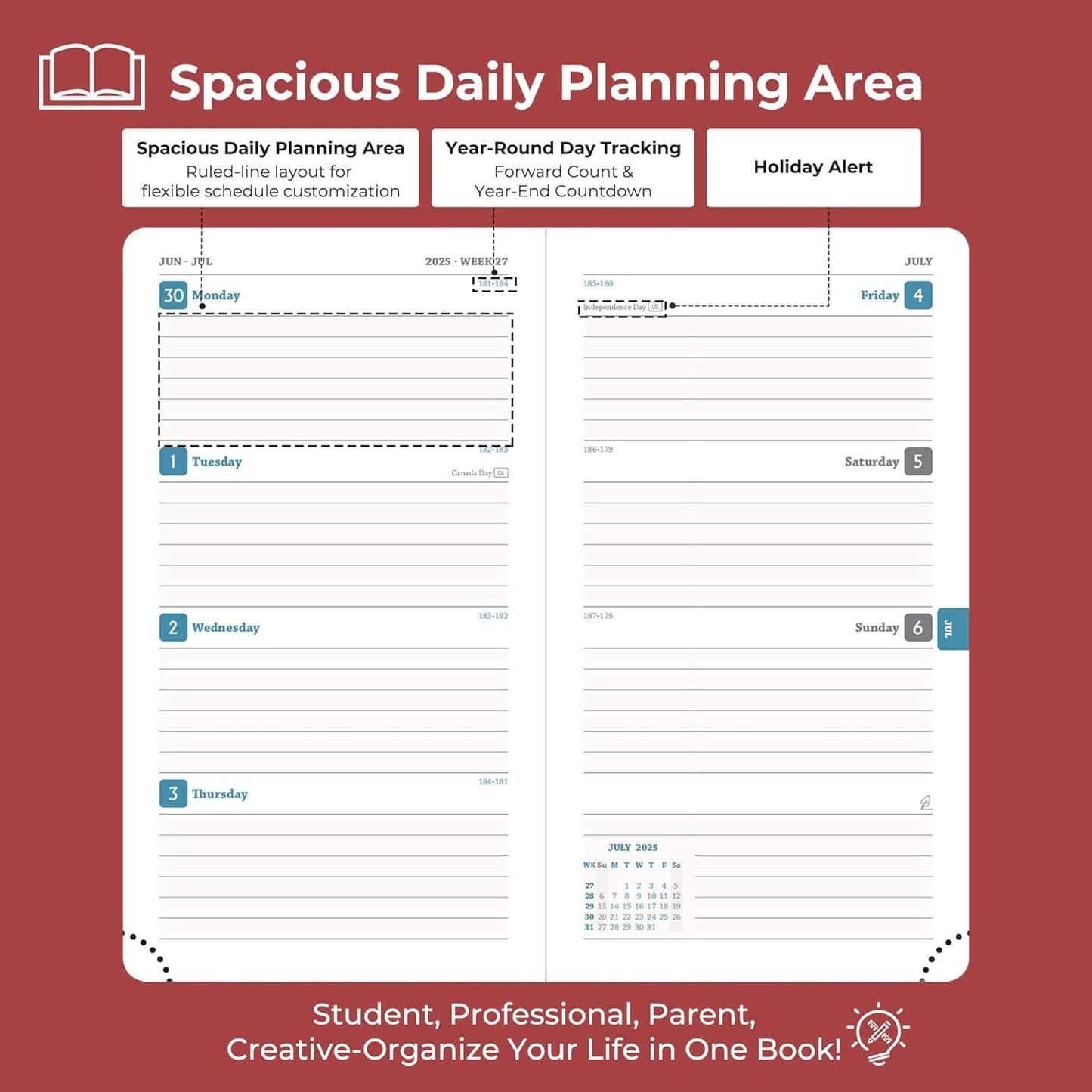 Planner 2025-2026 Daily Weekly and Monthly,6.5"x3.75",18 Months Spiral Bound Calendar Agenda with Self-adhesive Pen Holder,2026 Academic Plan with Vegan Leather Soft Cover,Red