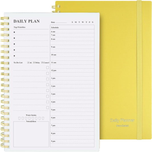 Asten Daily Planner Undated - To Do List Notebook With Hourly Schedules and Spiral Appointment Book for Men and Women, ADHD Work Planner With Inner Pocket 8.3"x 5.8" (Yellow)