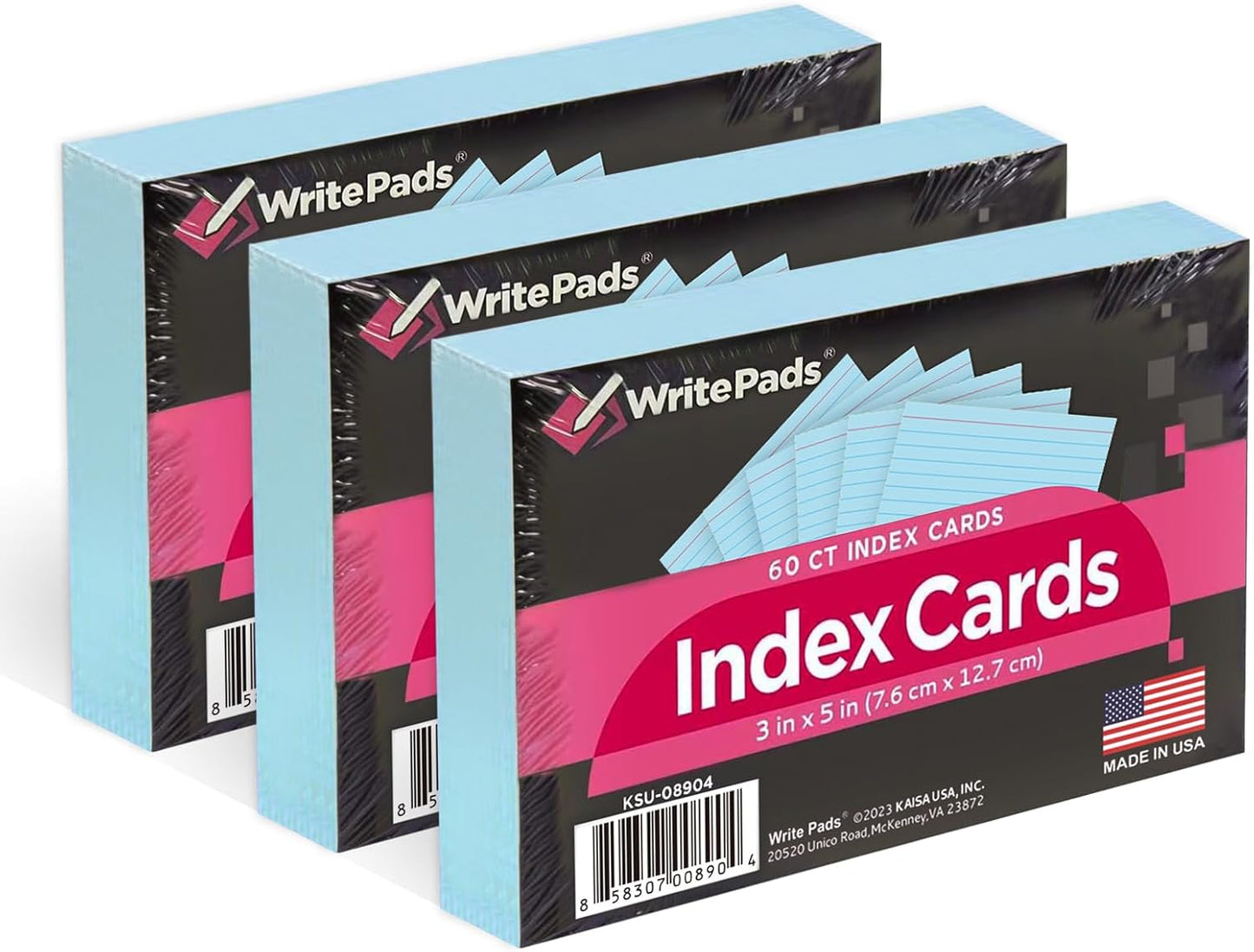 KAISA Colored Index Card Heavyweight Flashcards, 3"x5" Index Cards Ruled on Front, Blank on Back Index Cards, Blue 3 pack of 60 Count(Total 180CT)