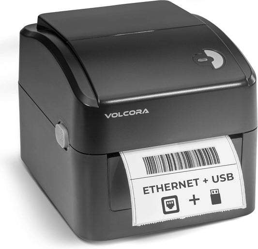 Volcora Thermal Label Printer with Ethernet/USB - Desktop 4x6 Shipping Label Printer, Compatible with Windows, Linux, Mac - Ideal for Small Business, Inkless Printer for Shipping Packages (Black)