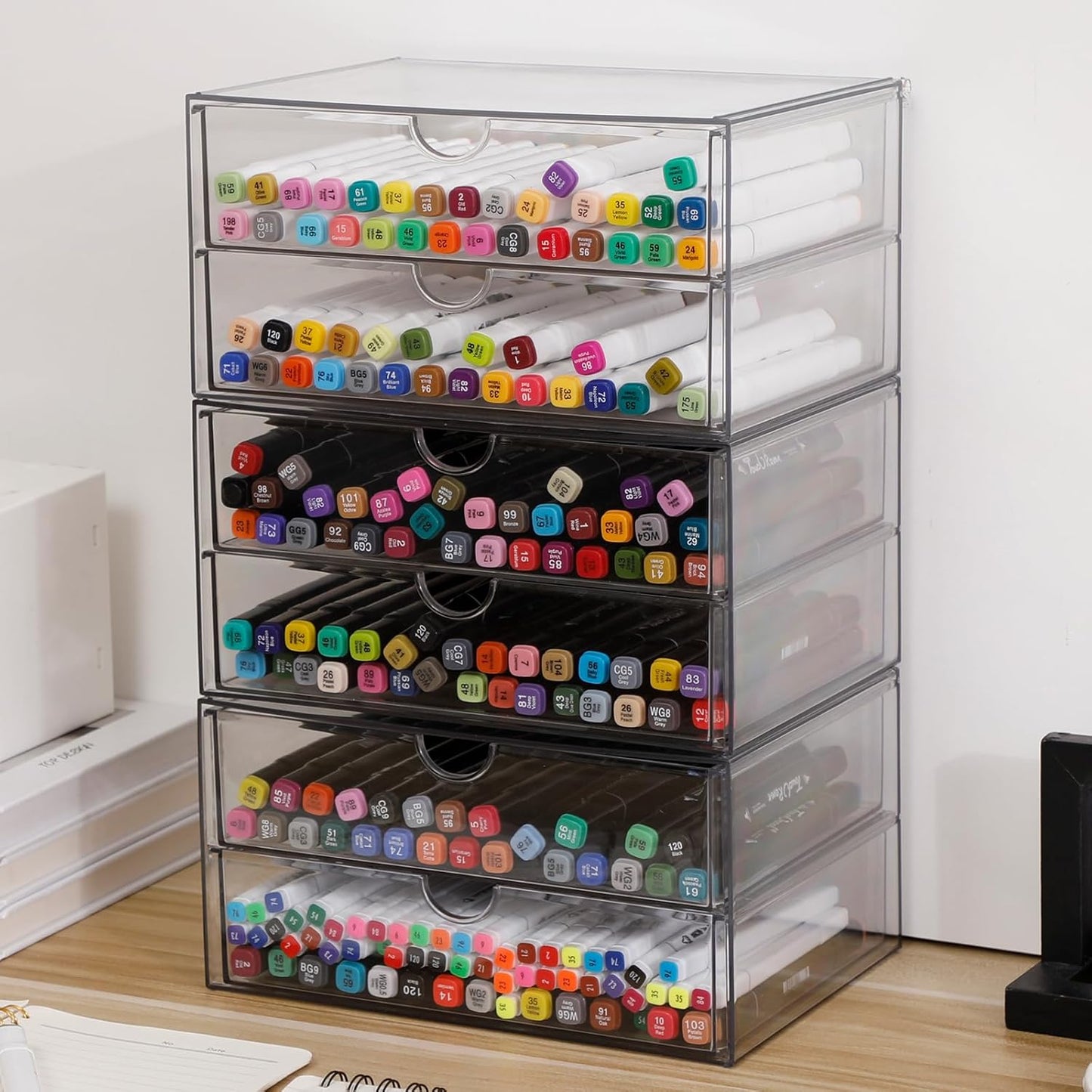 Stackable Storage Drawers, Plastic Storage Bins for Home Office, Bathroom, Kitchen, Pantry, Clear Desk Organizer for Accessories, Marker, Pencils, Books, Art Crafts, Makeup (6 Drawers)