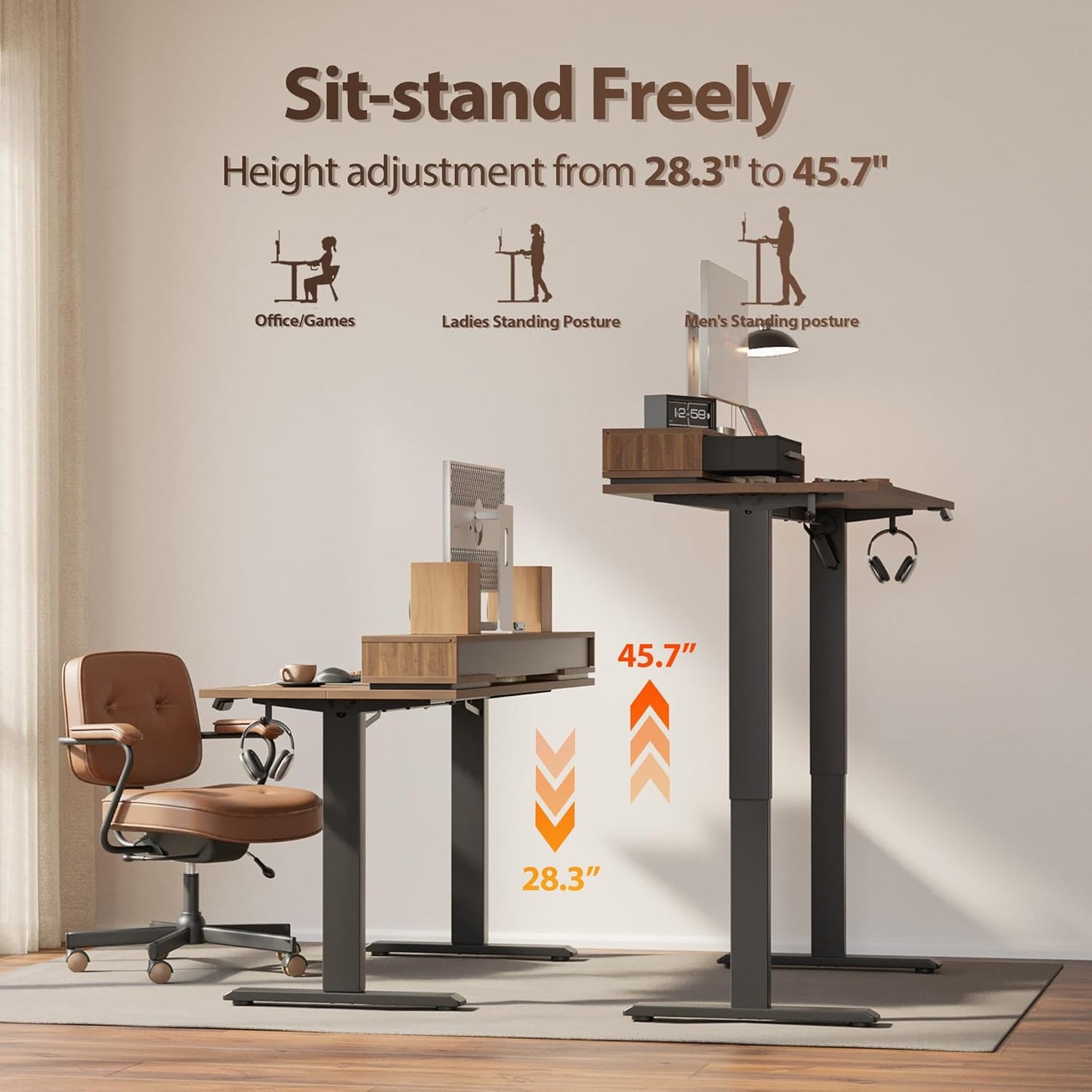 Agilestic 48 Inch Electric Standing Desk with Drawers, Adjustable Desk with Storage Shelf, Stand Up Home Office Computer Table, Splice Board, Dark Walnut