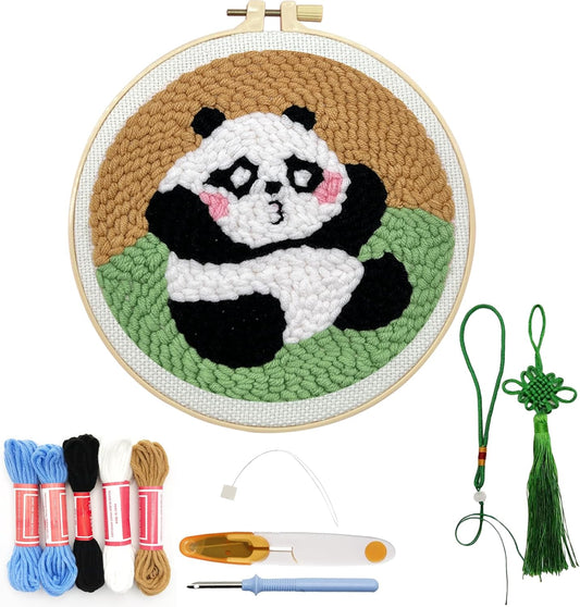 Danvk Panda Punch Embroidery Kit with Embroidery Fabric, Hoop,Scissor,Punch Needle and Yarns, Hand Craft Gift,DIY Embroidery Kits, Hand Punch Needle Kit for Women and Kids Beginners (Panda-Sitting)