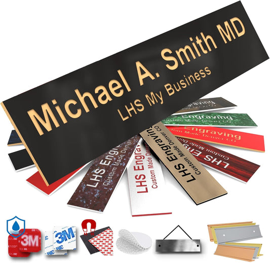 Engraved Door Signs for Office Personalized Black Plastic Door Plaque Gold Letters - Made in USA 2x8 B3