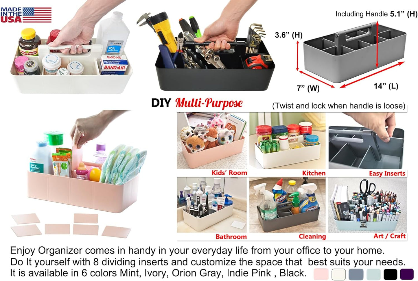 Enjoy Office Desk Storage Organizer 8 compartments Box DIY Box Remote Cosmetic Holder Pen Pencil Stationery Basket -Made In USA