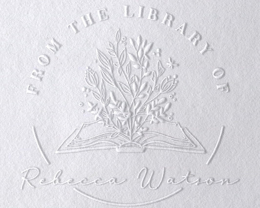 from The Library of | Ex Libris | Floral Book Stamp | Personalized Book Embosser | Custom Library Stamp | Monogram Self-Inking Wood Handle Stamper (2")