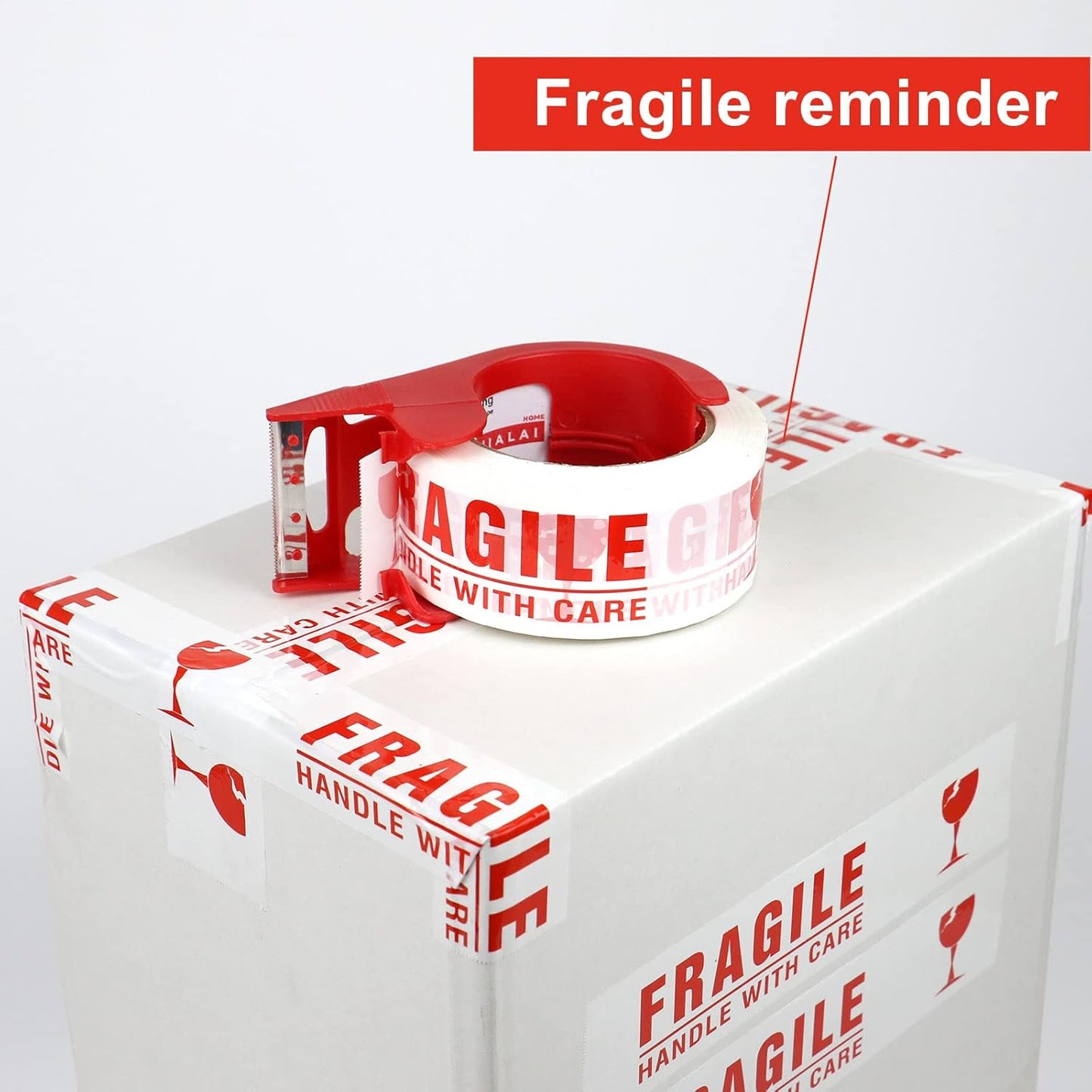 Fragile Tape Handle with Care Packing Tape 6 Rolls, Shipping Box Sealing Tape with Dispenser, 2 Inch x 330 Feet (110 Yards), Heavy Duty Tape for Shipping and Moving Boxes