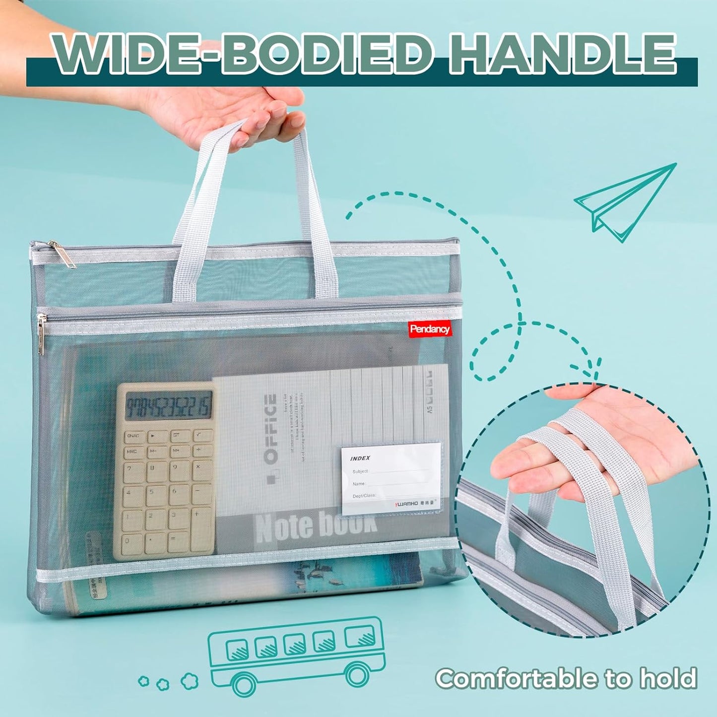 Pendancy Mesh Zipper Pouch A3 Size, Large Double Pocket Lightweight Nylon Transparent File Bag with Handle, 13x17 in Foldable Document Storage for Puzzle Project/Cross Stitch/Travel/Office (Gray)