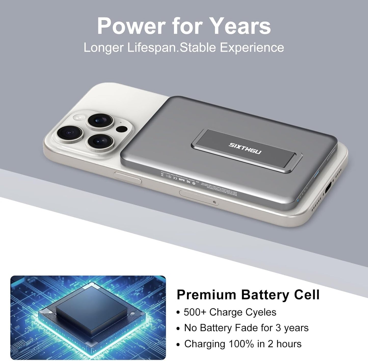 Magnetic Slim Portable Charger with Stand, 5000mAh Wireless Power Bank[Alloy-Made], PD 20W Fast Charging Compatible with iPhone 16/15/15 Pro/15 Pro Max, iPhone 14/13/12 Series, Black