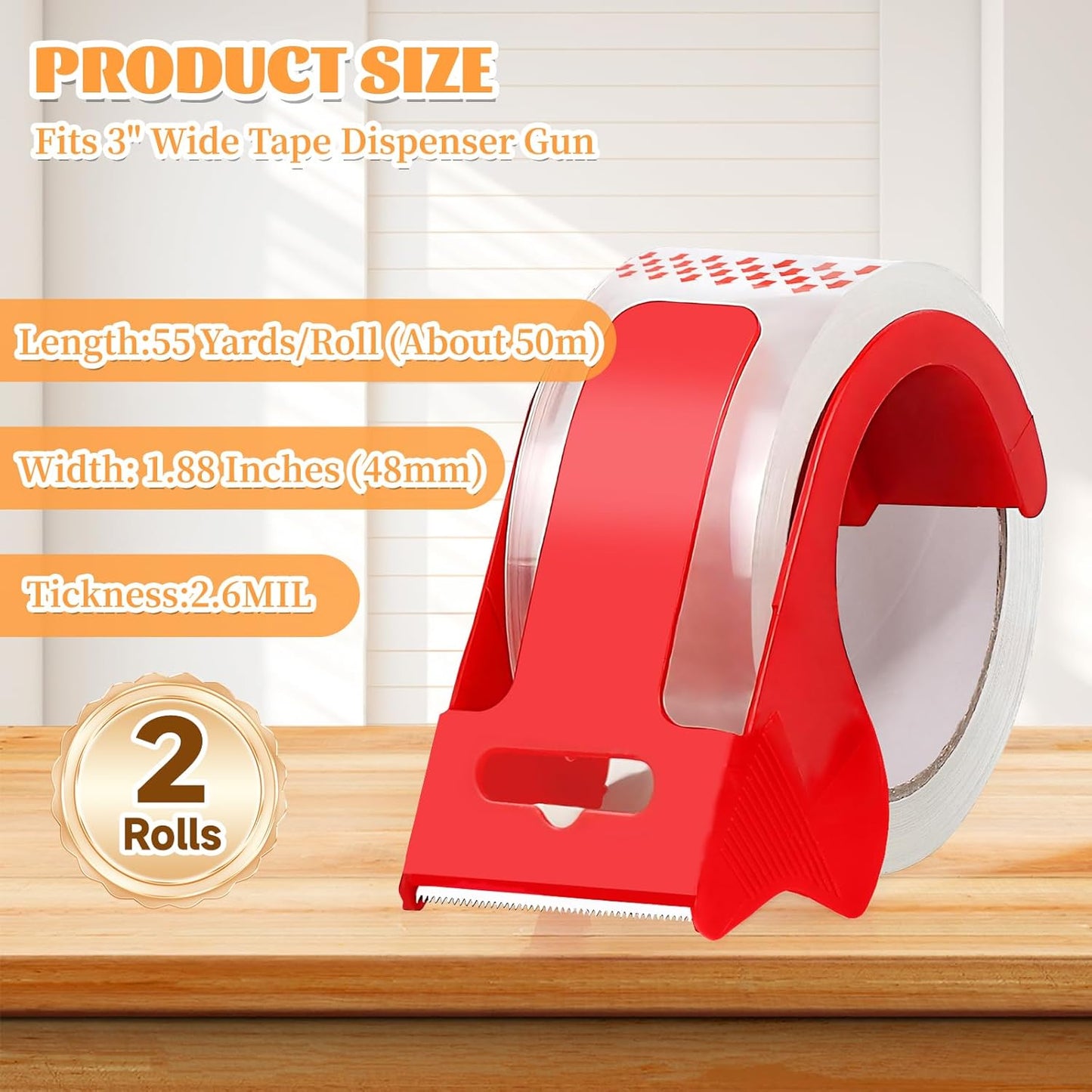 Heavy Duty Packing Tape,2 Rolls Clear Packaging Tape with 2 refillable Dispenser, 1.88 Inches x 55 Yards, Designed for Shipping Tape for Moving, Shipping and Packing