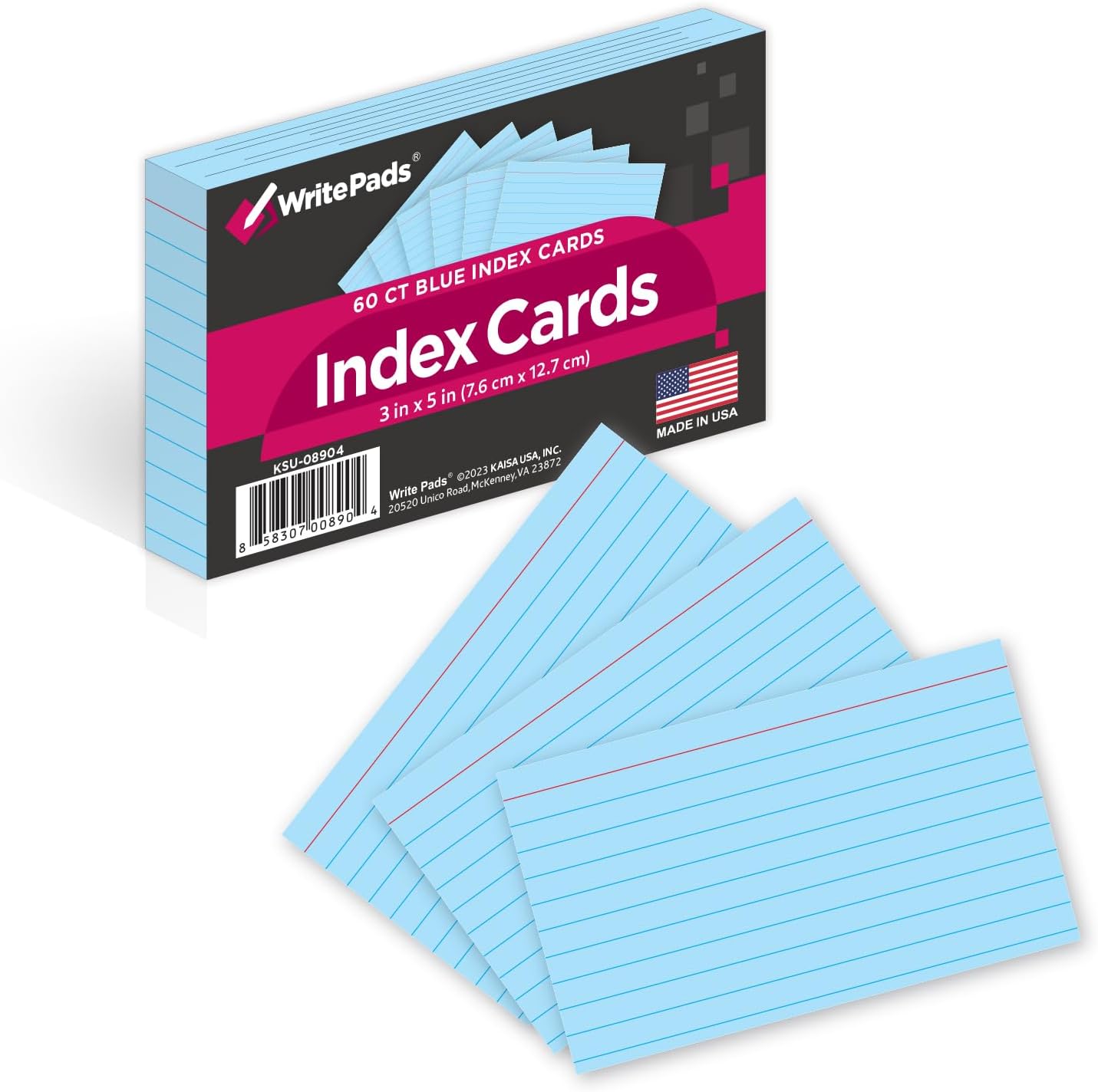KAISA Colored Index Card Heavyweight Flashcards, 3"x5" Index Cards Ruled on Front, Blank on Back Index Cards, Blue 3 pack of 60 Count(Total 180CT)