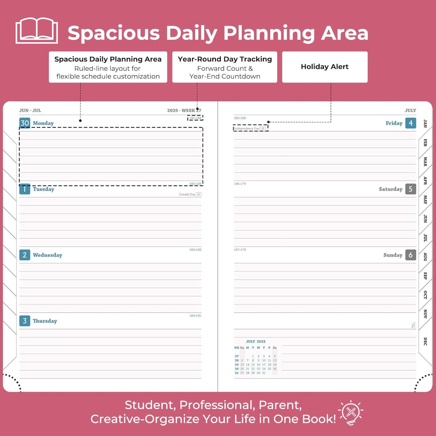 Planner 2025-2026 Daily Weekly and Monthly,11.5"x8.5",18 Months Spiral Bound Calendar Agenda with Self-adhesive Pen Holder,2026 Academic Plan with Vegan Leather Soft Cover,Rose Red
