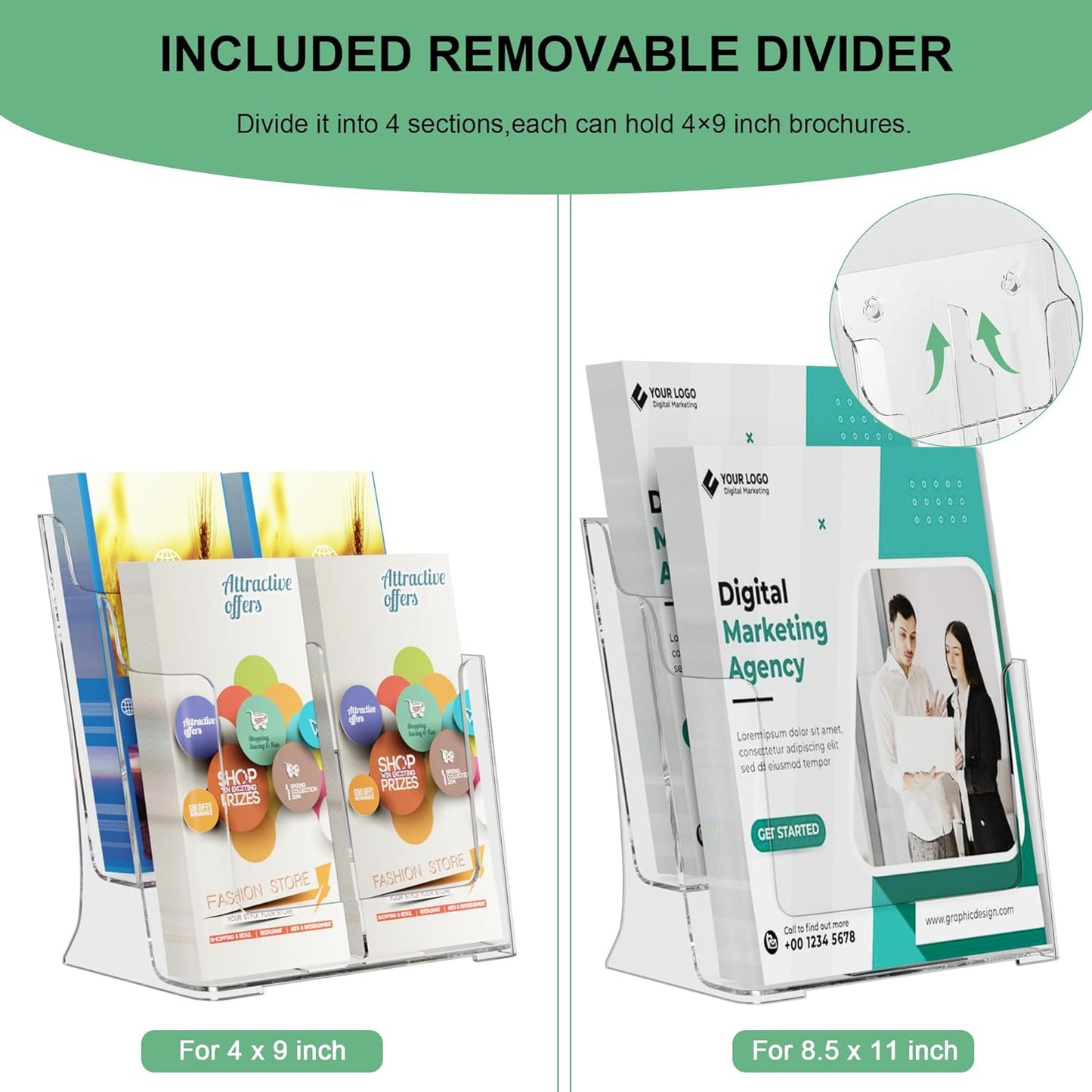 zavekia 2 Pack 2 Tier Acrylic Brochure Holder 8.5 x 11 inch, Clear Literature Organizer Magazine Stand with Removable Divider for 4 x 9 inch Brochures,Magazine Holder,Flyer Holder