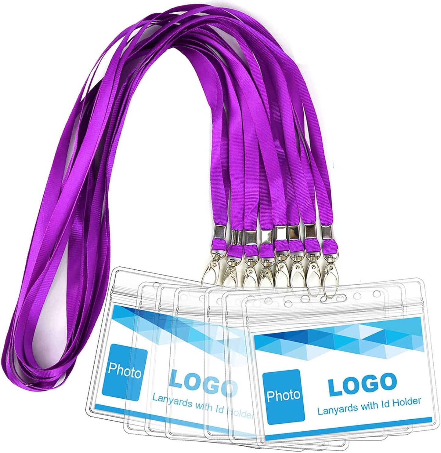 Lanyard with ID Holder 50 Pcs Waterproof Name Tag Badge ID Card Holders ID Pass Holder and 50 Pcs Flat Neck Lanyards Swivel Hook (Purple, Horizontal)