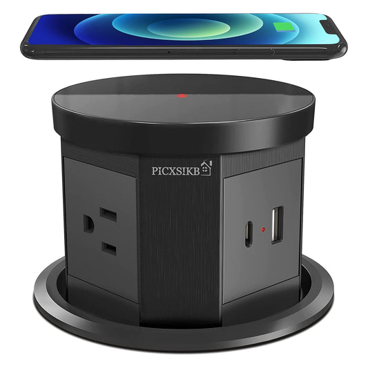 Pop Up Outlet with 15W Wireless Charger, 4.33 inch Pop Up Outlet for Countertop, 3 AC Plug 1 USB-A 1 USB-C Hidden Outlet Pop Up Electrical Outlet for for Kitchen/Home/Office