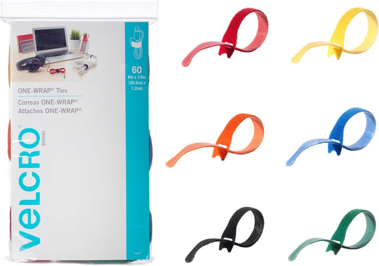 VELCRO Brand ONE-WRAP Cable Ties | 60Pk | 8 x 1/2" Straps, Multicolor | Strong Reusable Wire Management | Cord Bundling for Home Office and Data Centers