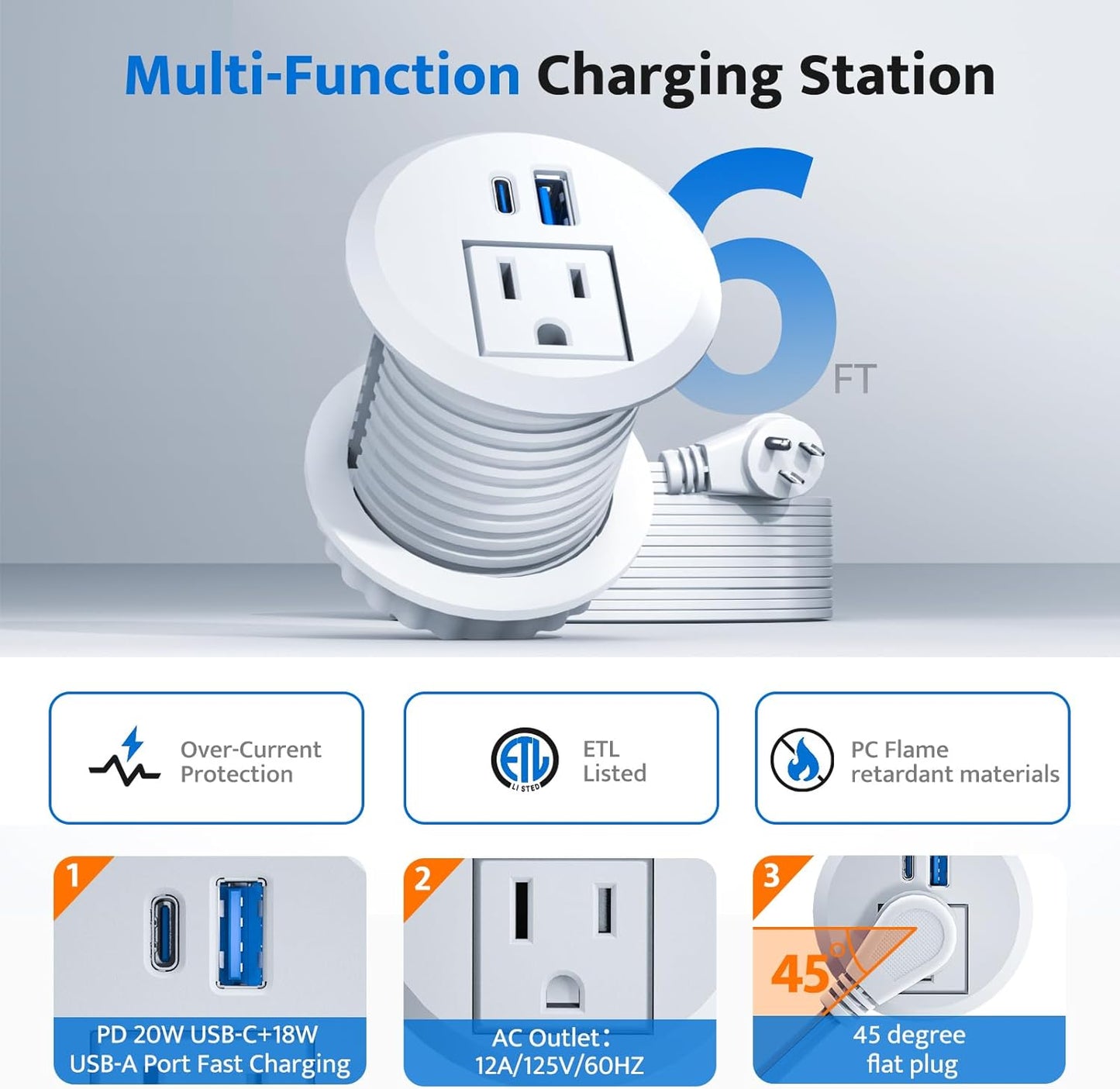 Recessed Power Grommet with 20W USB C Fast Charging, 2 inch Conference Recessed Outlet,Flush Mount for Desk,Office Tables,Furniture,6FT Cord, 45° Thin Flat Plug, White