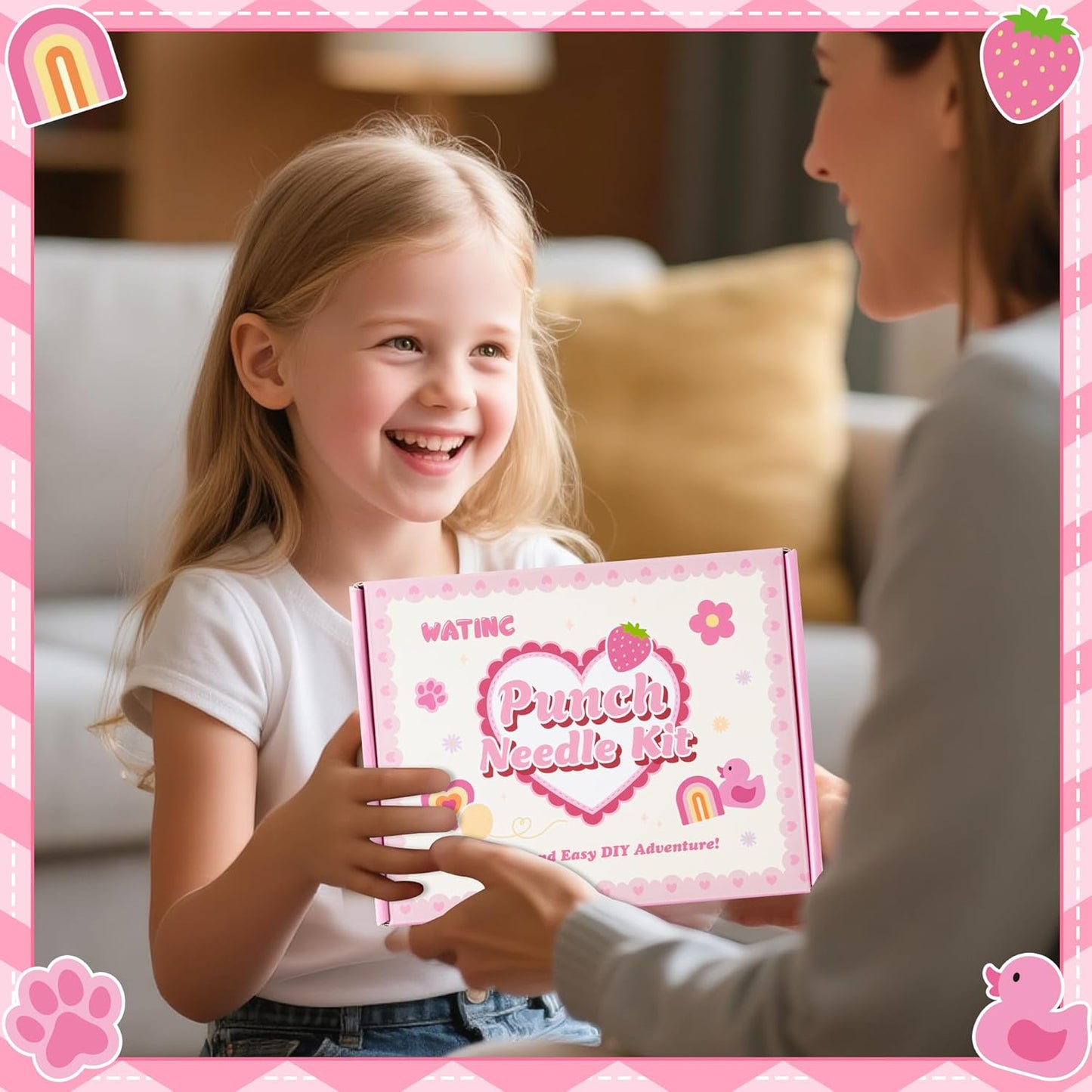 WATINC Punch Needle Coaster Kits - 23Pcs Easy Art Work Decor Craft Supply for Beginners, DIY Set of 6 Unique Pattern Tufted Pads with Adhesive Felt Yarns Tools Instruction Customized Boxes (Pink)