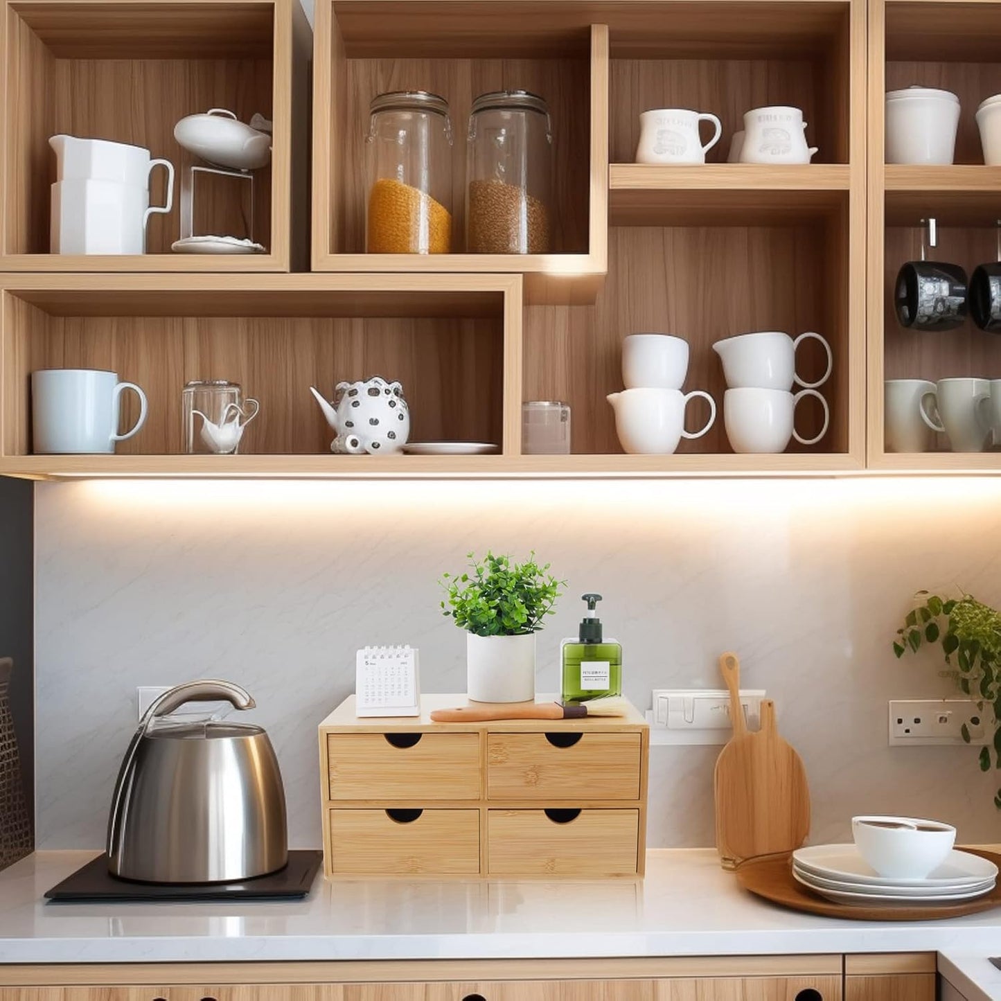 Bamboo Desk Organizer With Drawers Countertop Drawers 4 Drawers Counter Storage Box Corner Desk Organizer for Home Office No Assembly Required