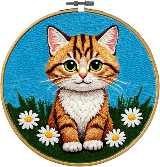 Eflin Punch Needle Kits Adults Beginner - Needlepoint Kits for Adults, Cute Cat & Daisy Pattern, Natural Bamboo Hoop, Yarns, Tools, Craft Kits for Beginners, Rare Gift for Crafts, Decors, Festivals