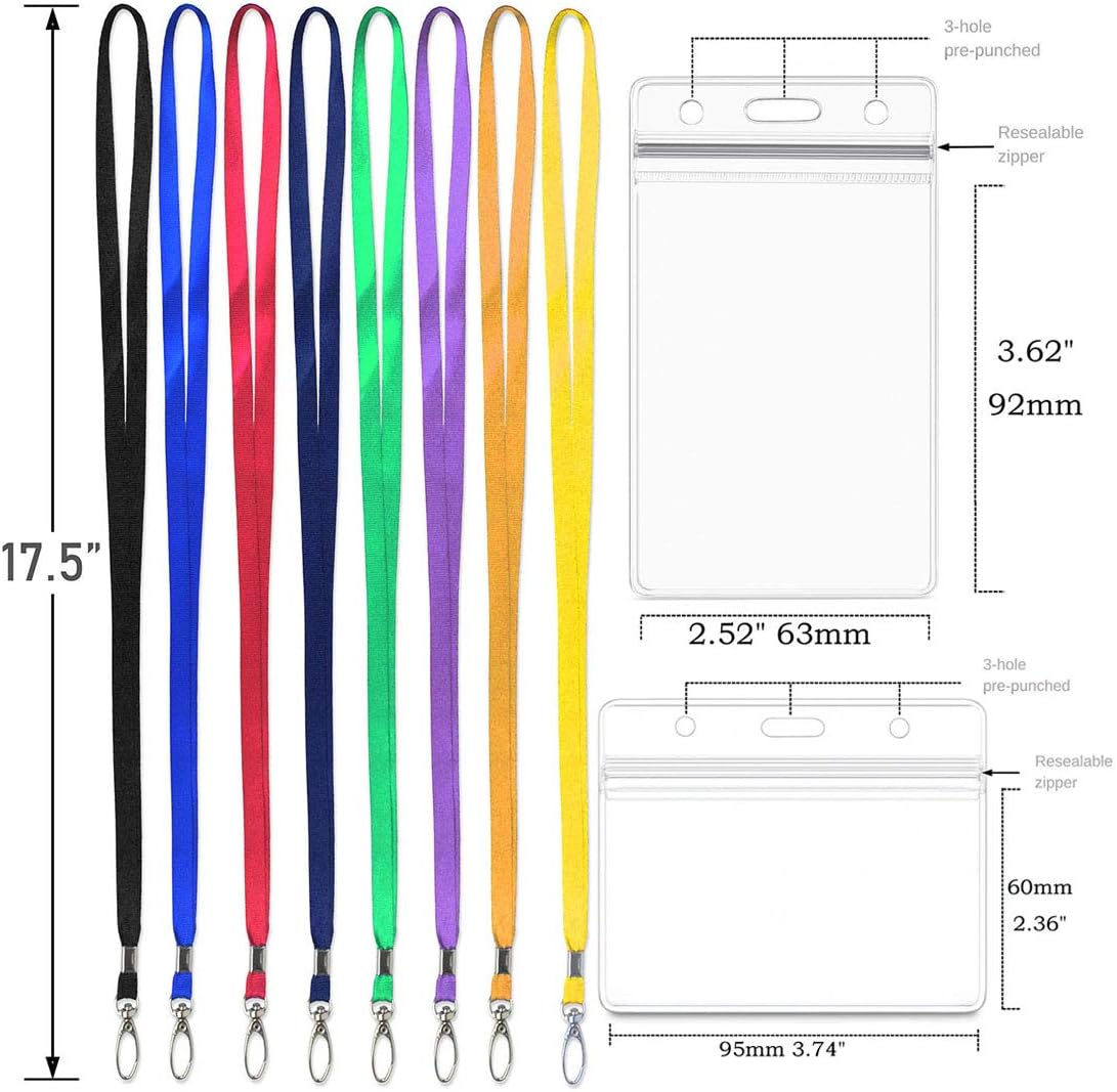 Lanyard with ID Holder 50 Pcs Waterproof Name Tag Badge ID Card Holders ID Pass Holder and 50 Pcs Flat Neck Lanyards Swivel Hook (Purple, Horizontal)