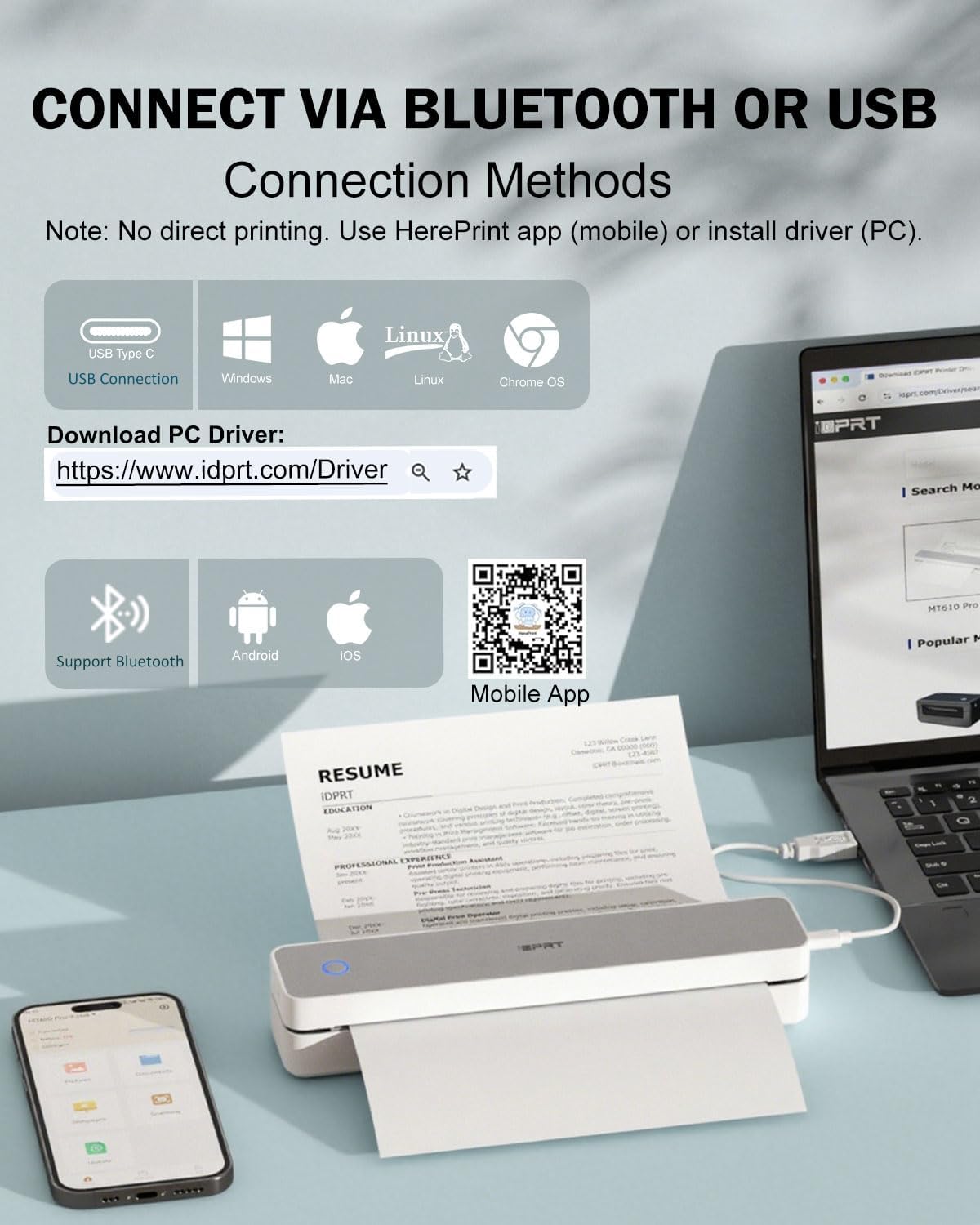 iDPRT Inkless Portable Printer for Travel, 300DPI Wireless Thermal Printer Support 8.5" x 11" US Letter, A4, Small Bluetooth Printers Compatible with iOS, Android Laptop for Home Office Car, Grey