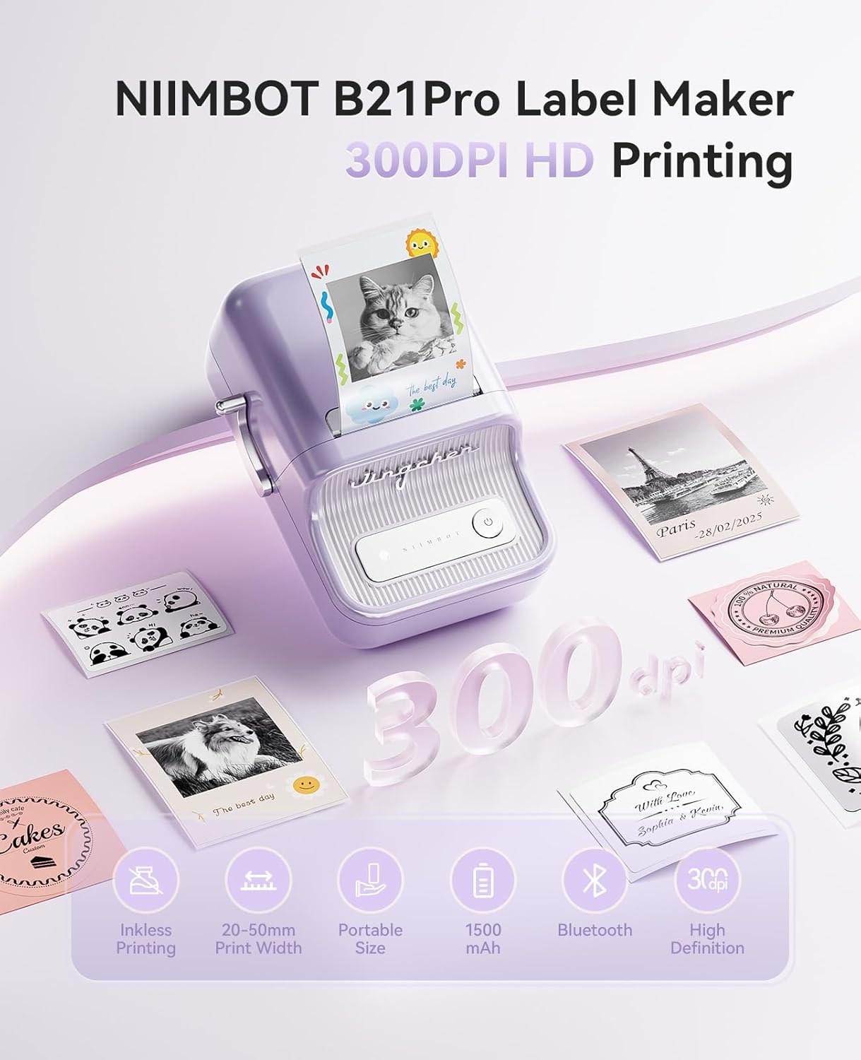 NIIMBOT B21 Pro Label Maker, 300DPI HD Label Printer, Ideal for Notes,Photos, Study Graphics, Memo Maker,50x30mm Label,230Pcs(Purple)