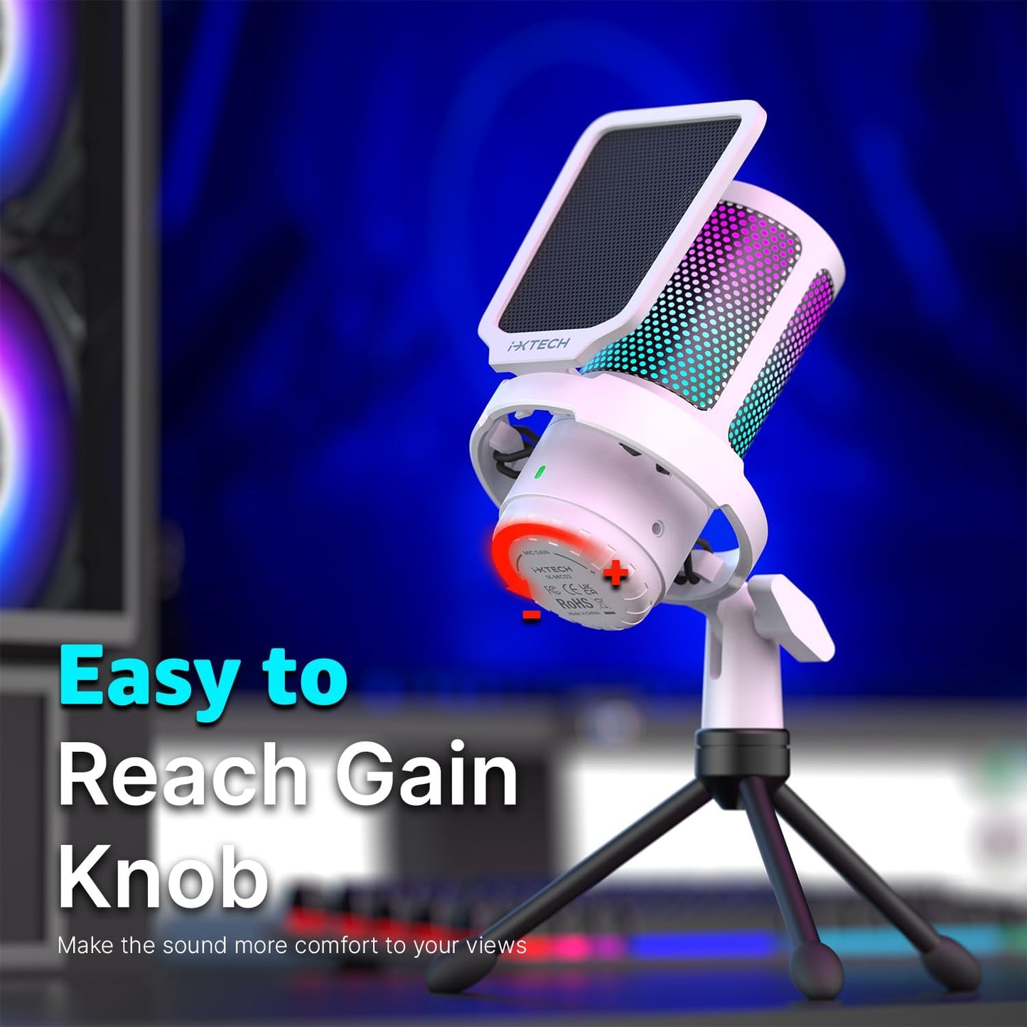 IXTECH USB Gaming Microphone for PC, RGB Condenser Microphone with Tripod Stand, Pop Filter, Rotate Gain Button, and Quick Mute, Noise Cancellation Computer Mic for Streaming, Gaming, Podcasting