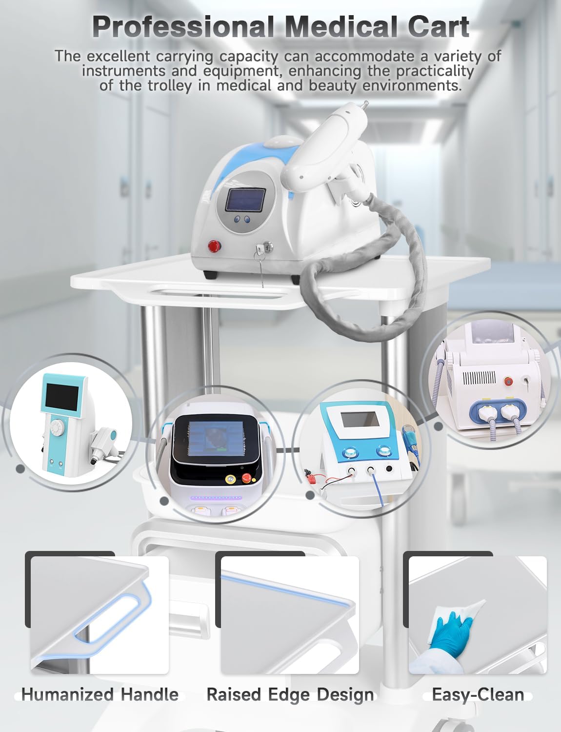 Medical Trolley Cart Mobile Ultrasound Cart 130 LBS Load Professional Portable Storage Drawer with 4 Silent Wheels Tray for Hospital Dental Clinic Beauty Salon Office Bedroom