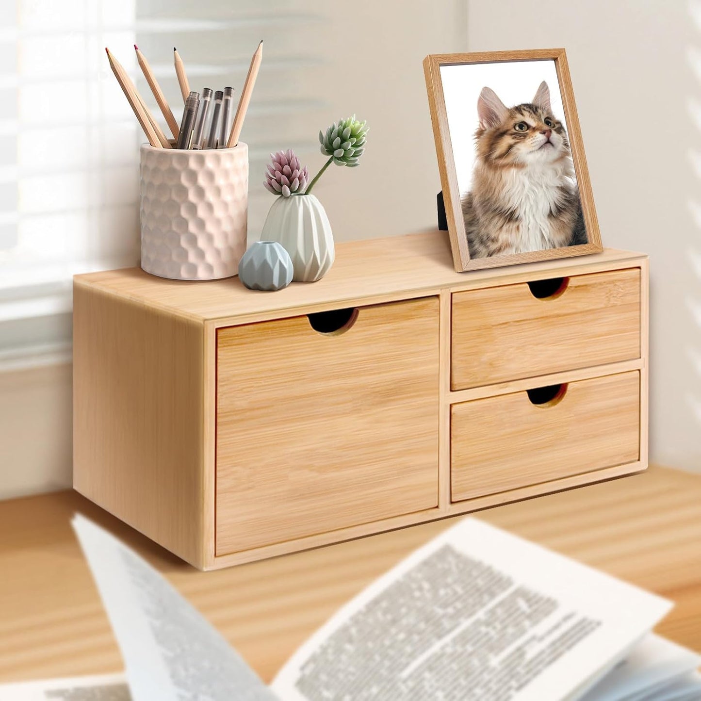 Bamboo Desk Organizer with Drawers Makeup Storage Drawer 3 Drawers Tabletop Storage Organization Desktop Drawers for Countertop Home Office Workspace Bathroom Toiletries Supplies