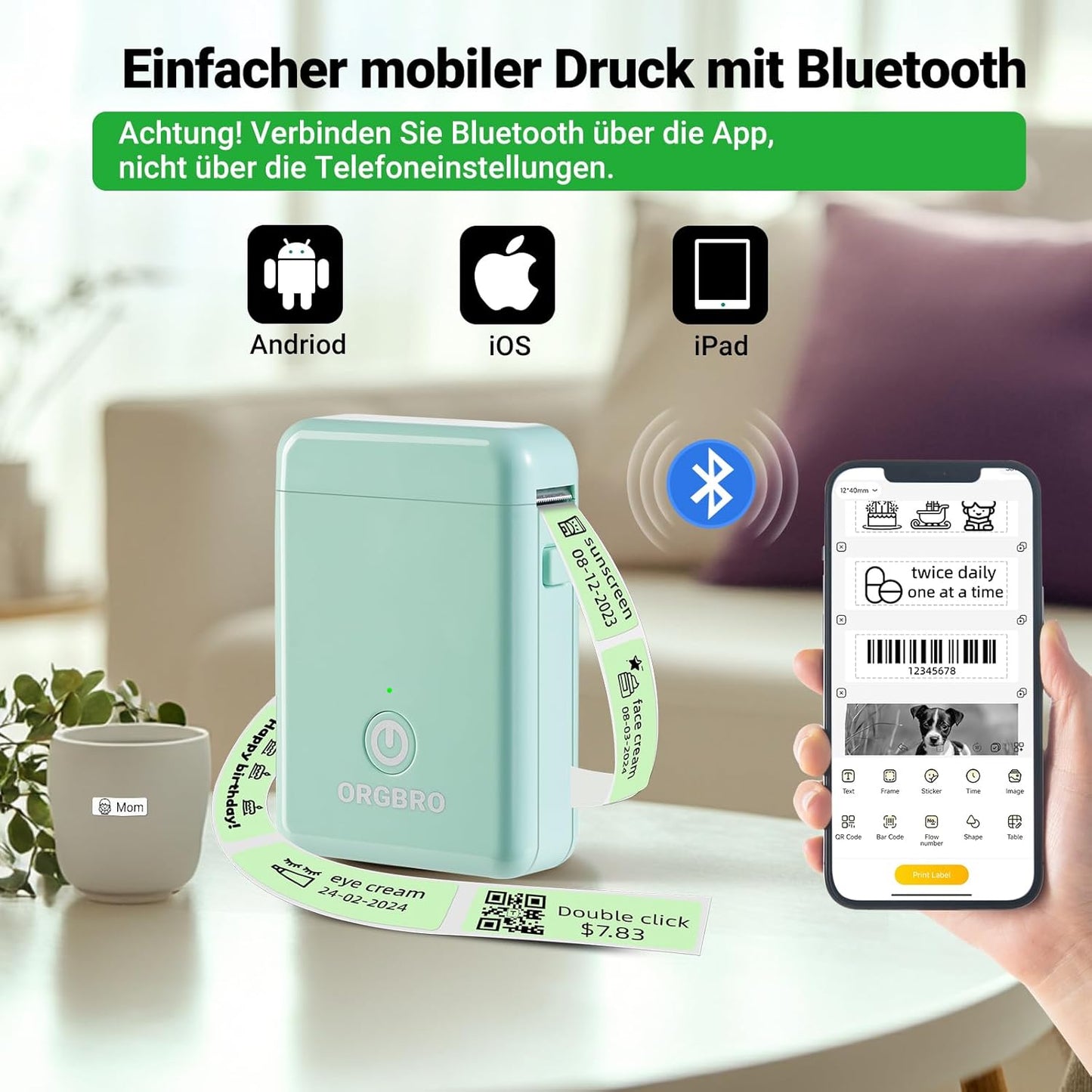 ORGBRO Label Maker Machine with Tape, X1 Portable Bluetooth Mini Label Printer, Support Pre-Cut & Continuous Label, Wireless Small Label Makers with Versatile App for School Home Office Organization