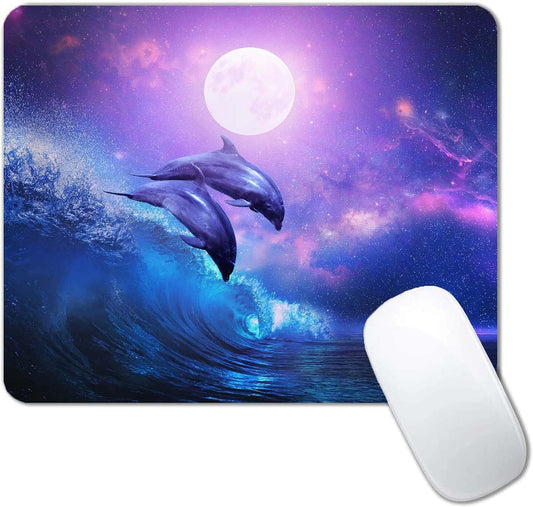 Night Ocean Mouse Pad, Beautiful Dolphins Full Moon Mouse Mat, Waterproof Non Slip Rubber Base, 9.5"x7.9"x0.12" Inch