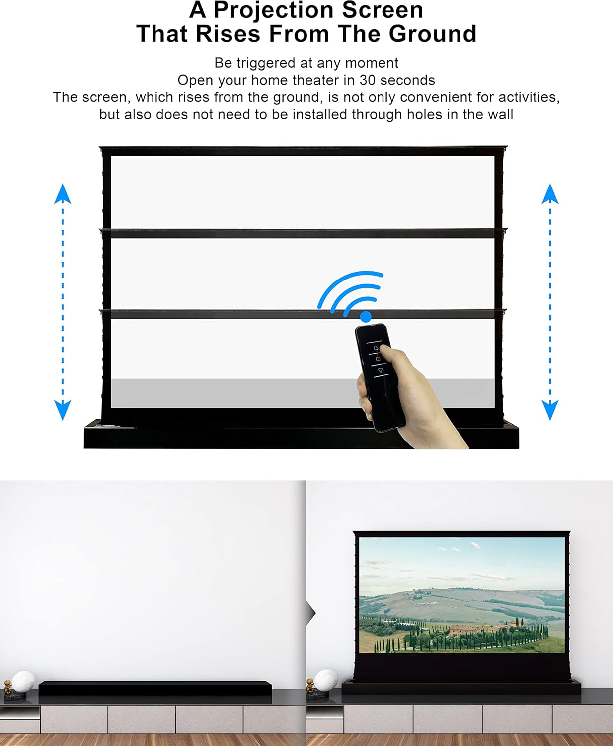 VIVIDSTORM-Projector Screen with Stand S 72 Inch Sound Transparent Perforated Floor Rising White Fabric 4k HD Ready Home/Movie Theatre Work with Normal Throw Projector, VSDSTPW72H