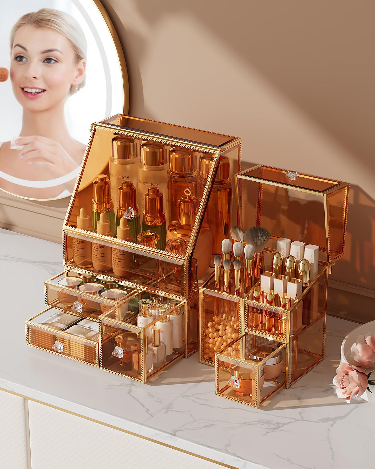 Makeup Organizer Amber,Glass Vanity Organizer for Skincare, Lipsticks, Perfume, Makeup Brushes – Countertop Cosmetic Storage Box for Women, Bathroom & Dresser