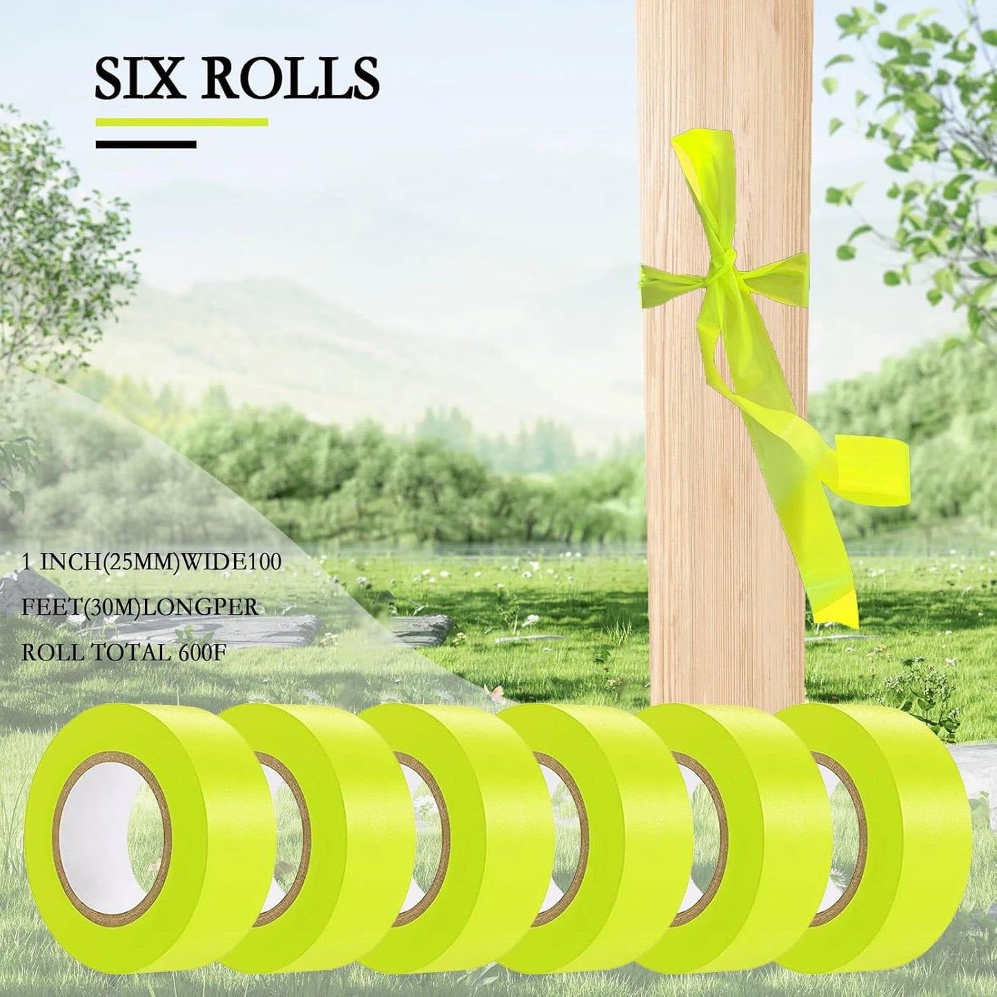 6 Pack Yellow Flagging Tape, Non-Adhesive Plastic Ribbon Neon Marking Roll, 1inch*600ft, Marking Tape for Tree Marking, Hunting, Boundaries and Hazardous Areas,Trail Marking