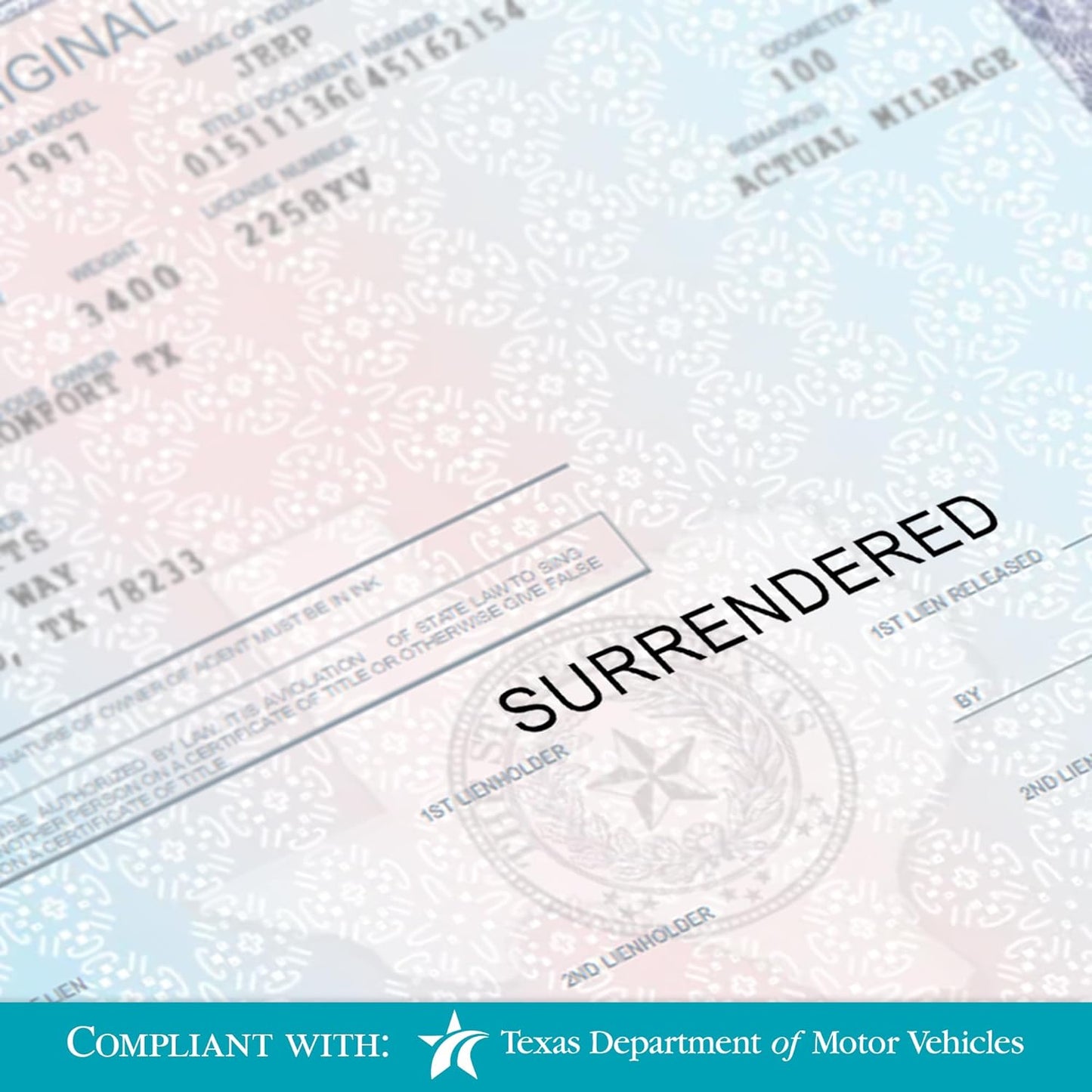 Surrendered Self Inking Stamp - TxDMV Compliant - Required for webDEALER Program - Professional Self-Inking Stamp