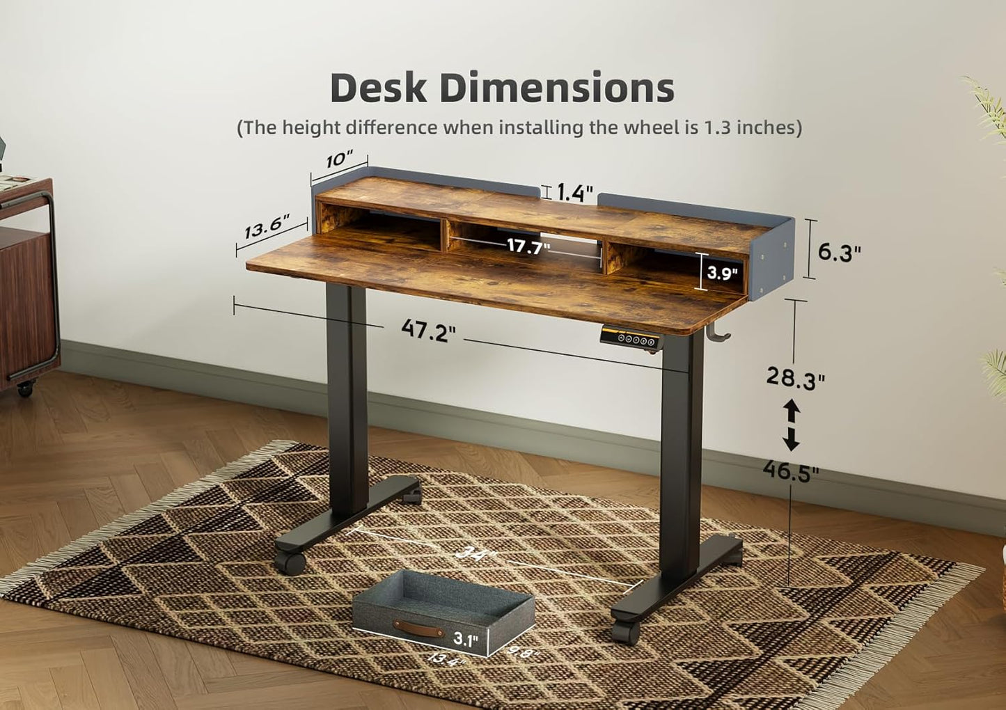 YDN Rustic Brown 2-Tier Adjustable Electric Standing Desk, 48 inch, Modern Design with 2 Drawers, Felt Fence, Hook, for Office