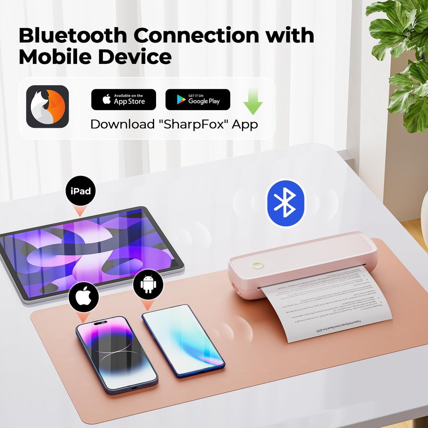 MUNBYN Portable Wireless Printer ITP04, Thermal Bluetooth Printer, Support 8.5x11&A4 Thermal Paper, Inkless, Compatible with Android & iOS Phone & Laptop, Small (Pink)