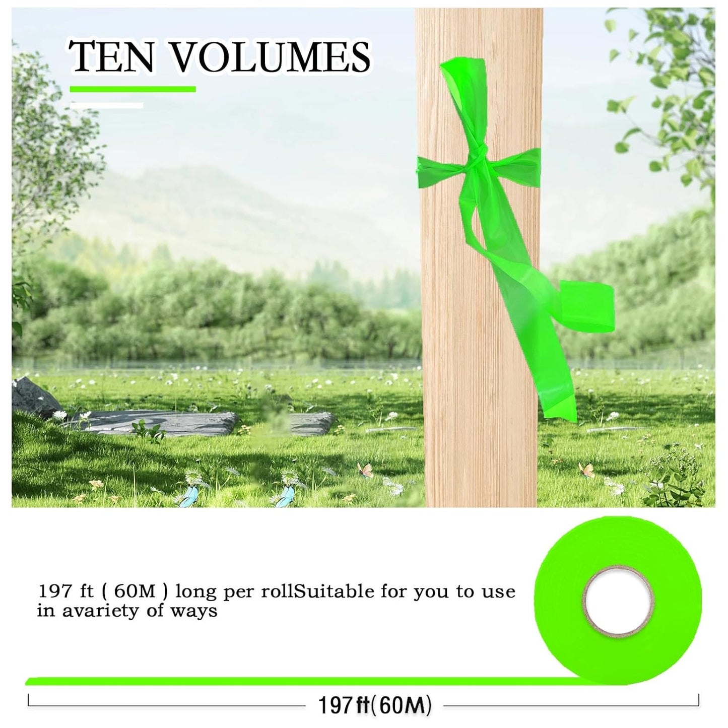 10 Pack Green Flagging Tape, Non-Adhesive Plastic Ribbon Neon Marking Roll,1inch*2000ft, Marking Tape for Tree Marking, Hunting, Boundaries and Hazardous Areas,Trail Marking