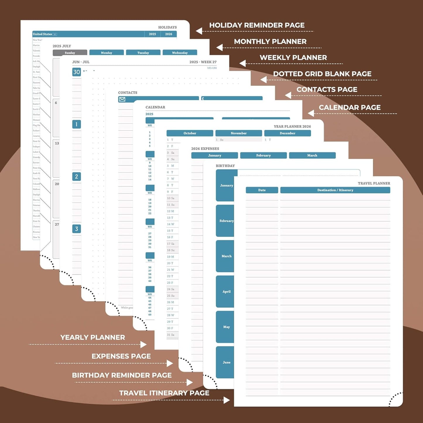 Planner 2025-2026 Daily Weekly and Monthly,8.5"x6.5",18 Months Spiral Bound Calendar Agenda with Self-adhesive Pen Holder,2026 Academic Plan with Vegan Leather Soft Cover,Brown